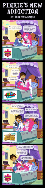 Size: 750x3128 | Tagged: safe, artist:sapphiregamgee, derpibooru import, pinkie pie, oc, oc:copper plume, equestria girls, animal crossing, animal crossing: new horizons, bed, bedroom, canon x oc, comic, commission, commissioner:imperfectxiii, copperpie, crying, eyes closed, female, image, jpeg, male, nintendo, nintendo switch, on bed, open mouth, pokemon shield, shipping, smiling, straight, super mario odyssey