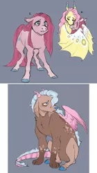 Size: 1280x2281 | Tagged: safe, artist:halfcrazydaisy, derpibooru import, fluttershy, pinkie pie, oc, oc:dreamy, bat pony, pony, bat ponified, female, flutterbat, flutterpie, hug, image, interspecies offspring, jpeg, lesbian, offspring, parent:discord, parent:pinkie pie, parents:discopie, pinkamena diane pie, race swap, sad, shipping, winghug, wings