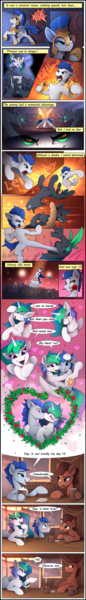 Size: 1620x11310 | Tagged: safe, artist:yakovlev-vad, derpibooru import, princess celestia, oc, alicorn, changeling, earth pony, pony, absurd resolution, action pose, baguette, bar, bread, canon x oc, cape, clothes, comic, dialogue, female, flower, flower in mouth, food, guardlestia, image, kill them all, kissing, male, mare, misspelling, mouth hold, png, refrigerator, rose, rose in mouth, royal guard, shipping, stallion, straight, trollestia, uppercut, zip lines