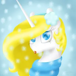 Size: 1500x1500 | Tagged: safe, artist:crystalcontemplator, derpibooru import, oc, oc:crystal, unofficial characters only, pony, unicorn, :p, bust, clothes, eyelashes, flower, flower in hair, horn, image, jpeg, scarf, snow, solo, tongue out, unicorn oc