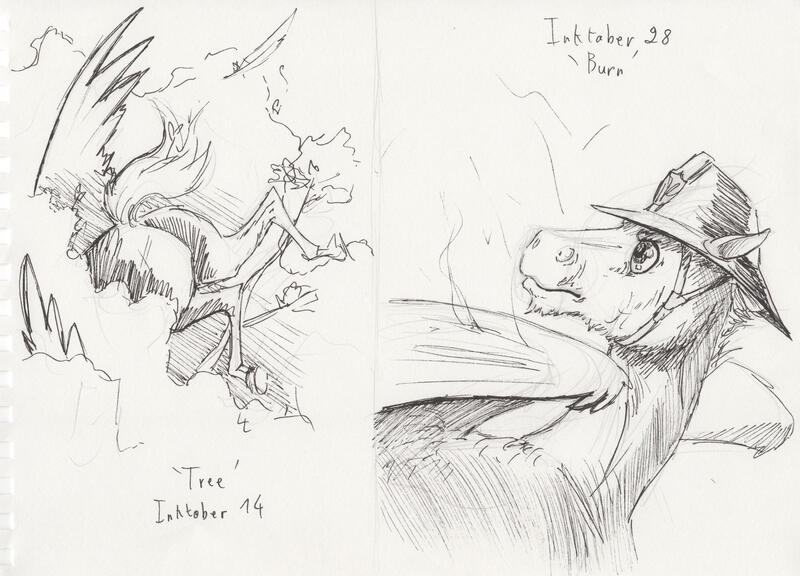 Size: 2000x1440 | Tagged: safe, artist:lady-limule, derpibooru import, oc, unofficial characters only, pegasus, pony, duo, grayscale, hat, image, inktober 2016, jpeg, lineart, looking back, monochrome, pegasus oc, traditional art, wings