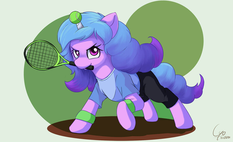 Size: 2147x1308 | Tagged: safe, artist:cyonixcymatro, derpibooru import, izzy moonbow, pony, unicorn, clothes, female, g5, horn, horn guard, horn impalement, hornball, image, izzy's tennis ball, jpeg, looking at you, mare, mouth hold, pants, raised hoof, shirt, signature, solo, sports, tennis, tennis ball, tennis racket, wristband