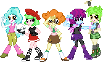 Size: 334x202 | Tagged: safe, artist:botchan-mlp, derpibooru import, cherry crash, mystery mint, paisley, scribble dee, watermelody, a queen of clubs, equestria girls, equestria girls series, animated, background human, blinking, club, female, gif, image, pixel art, pose, sailor jupiter, sailor mars, sailor mercury, sailor moon, sailor venus, simple background, skull, sprite, transparent background, yorick