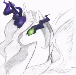 Size: 900x886 | Tagged: safe, artist:rinkulover4ever50592, derpibooru import, princess celestia, alicorn, pony, dark magic, glowing eyes, glowing horn, horn, image, jewelry, jpeg, magic, peytral, simple background, solo, sombra eyes, tiara, traditional art, white background