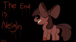 Size: 1920x1080 | Tagged: semi-grimdark, artist:rubyponywolf22, derpibooru import, apple bloom, earth pony, pony, blood, butt, creepybloom, creepypasta, female, filly, flutter island, image, plot, png, smiling, the end is neigh