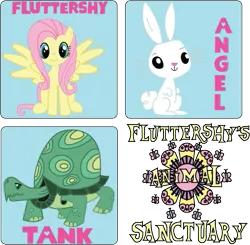Size: 569x558 | Tagged: safe, derpibooru import, angel bunny, fluttershy, tank, butterfly, insect, fluttershy leans in, animal, colored, digitally colored, flower, image, logo, png, sweet feather sanctuary, zoo