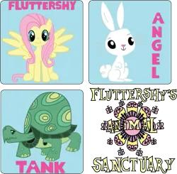 Size: 569x558 | Tagged: safe, derpibooru import, angel bunny, fluttershy, tank, butterfly, insect, fluttershy leans in, animal, colored, digitally colored, flower, image, logo, png, simple background, sweet feather sanctuary, transparent background, zoo