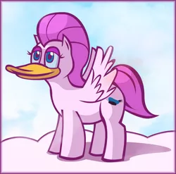 Size: 1004x990 | Tagged: safe, artist:crispykarasz, derpibooru import, oc, oc:cupcake rainbow, pegasus, pony, cloud, cutie mark, duck bill, duckface, female, image, mare, on a cloud, op, pegasus oc, png, simple background, sky, sky background, solo, standing, standing on a cloud, wat, wings