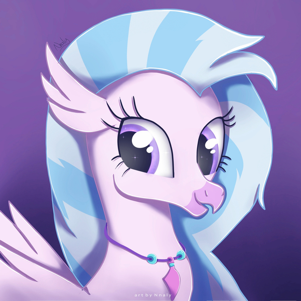 Size: 1024x1024 | Tagged: safe, artist:nnaly, derpibooru import, silverstream, classical hippogriff, hippogriff, beautiful, bust, cute, diastreamies, face, female, gradient background, head, image, jewelry, jpeg, looking at you, necklace, portrait, solo