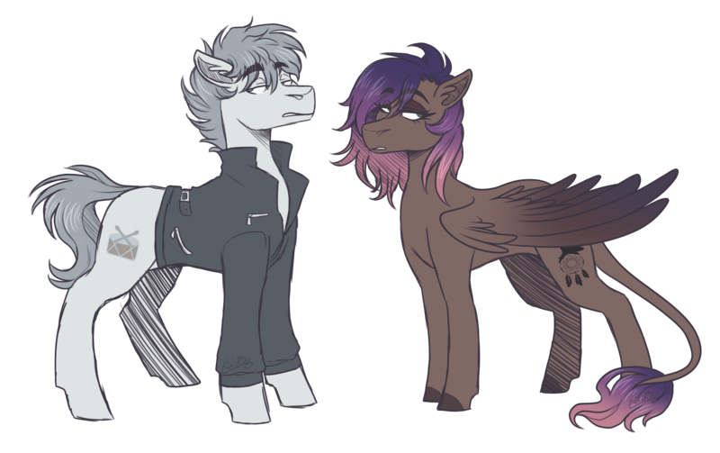 Size: 3500x2200 | Tagged: safe, artist:kikirdcz, derpibooru import, oc, oc:evening howler, oc:rhythm, unofficial characters only, pony, clothes, female, image, jacket, male, mare, png, simple background, stallion, transparent background