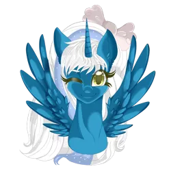 Size: 1024x1024 | Tagged: safe, artist:sakimiaji, derpibooru import, oc, oc:fleurbelle, unofficial characters only, alicorn, pony, alicorn oc, bow, female, hair bow, horn, image, mare, one eye closed, png, simple background, smiling, smiling at you, solo, transparent background, wingding eyes, wings, wink, yellow eyes