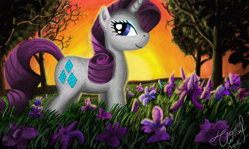 Size: 854x512 | Tagged: safe, artist:dreamyskies, derpibooru import, rarity, pony, unicorn, cutie mark, detailed background, evening, female, flower, forest, image, looking at you, mare, png, signature, smiling, smiling at you, solo, standing, sunset, tree