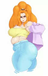 Size: 1835x2862 | Tagged: suggestive, artist:sundown, derpibooru import, adagio dazzle, human, equestria girls, adagio dat-azzle, adagio wobble, big breasts, breasts, busty adagio dazzle, butt, chubby, clothes, female, huge butt, image, impossibly large butt, jacket, jeans, jpeg, large butt, looking at you, muffin top, pants, plump, simple background, the ass was fat, thick, thighs, thunder thighs, tube top, white background