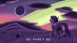 Size: 5120x2880 | Tagged: safe, artist:rockhoppr3, derpibooru import, alien, pony, astronaut, cloud, cloudy, crossover, grass, grass field, high res, image, no man's sky, planet, png, science fiction, spaceship, spacesuit