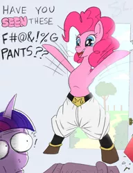 Size: 900x1170 | Tagged: safe, artist:molochtdl, derpibooru import, pinkie pie, twilight sparkle, earth pony, unicorn, censored vulgarity, clothes, cosplay, costume, exclamation point, image, majin buu, png, scroll, unicorn twilight