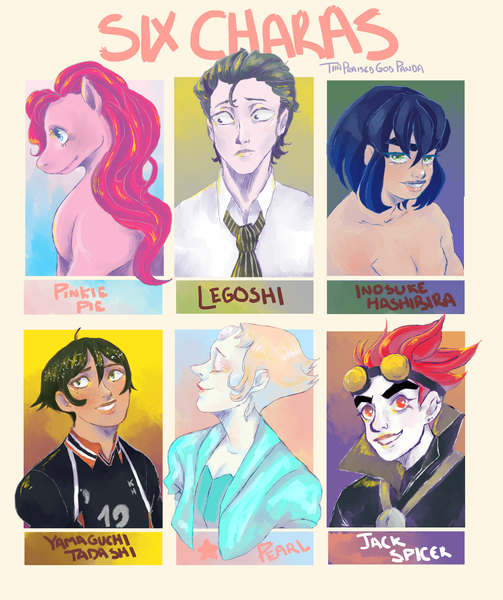 Size: 3000x3582 | Tagged: safe, artist:elalabadodiospanda, derpibooru import, earth pony, human, pony, six fanarts, beastars, bust, clothes, crossover, female, goggles, haikyuu, hashibira inosuke, humanized, image, jack spicer, jpeg, kimetsu no yaiba, legosi (beastars), male, mare, necktie, pearl (steven universe), smiling, steven universe, xiaolin showdown