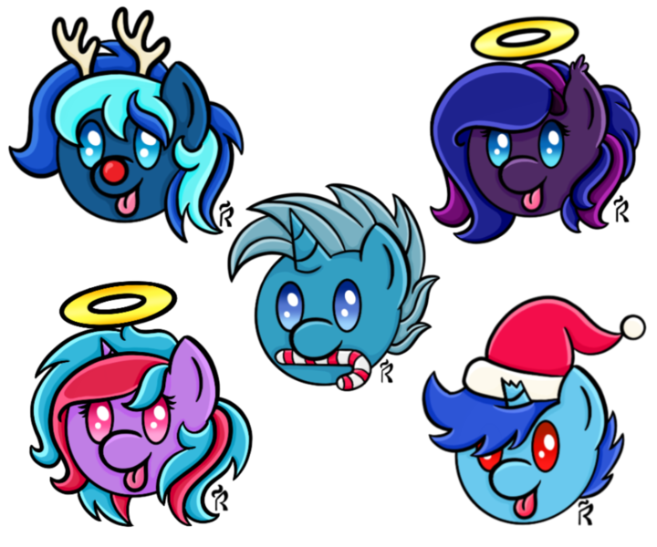 Size: 1200x1000 | Tagged: safe, artist:dawn-designs-art, derpibooru import, oc, oc:cosmic spark, oc:nightfall gloam, oc:rain flicker, oc:techno blue, oc:velvet daydream, bat pony, deer, pegasus, pony, reindeer, unicorn, angel, bat pony oc, bat wings, candy, candy cane, chibi, christmas, commission, food, hat, headshot commission, holiday, image, png, santa hat, simple background, transparent background, wings