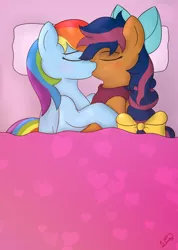 Size: 732x1028 | Tagged: safe, artist:limedreaming, derpibooru import, rainbow dash, oc, oc:solar comet, pegasus, pony, bed, bow, braid, canon x oc, eyes closed, female, freckles, image, kissing, lesbian, mane bow, pillow, png, shipping, under covers