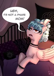 Size: 2126x3000 | Tagged: safe, artist:alicetriestodraw, derpibooru import, cozy glow, pegasus, pony, bed, bracelet, choker, ear piercing, earring, eyeliner, fishnets, funny, goth, image, it's a phase, it's not a phase, jewelry, lying down, makeup, on bed, piercing, png, prone, solo, spiked choker, spiked wristband, teenager, wristband