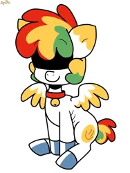 Size: 1272x1691 | Tagged: safe, artist:spritecranbirdie, derpibooru import, oc, oc:al kohal, pegasus, pony, :), anorexic, bell, bell collar, collar, covered eyes, cutie mark, image, male, multicolored hair, png, simple background, sitting, smiling, solo, transparent background, unshorn fetlocks