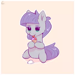 Size: 1500x1500 | Tagged: safe, artist:glazirka, derpibooru import, maud pie, earth pony, pony, female, food, ice cream, image, licking, mare, missing accessory, out of character, pink background, png, simple background, solo, tongue out