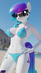 Size: 2160x3840 | Tagged: suggestive, artist:shadowboltsfm, derpibooru import, oc, oc:aurora starling, anthro, plantigrade anthro, 3d, 4k, adorasexy, beach, belly button, big breasts, bikini, blender, breasts, clothes, cute, eyelashes, female, glasses, hand on hip, heterochromia, image, looking at you, nail polish, png, sexy, shiny, shiny skin, smiling, solo, solo female, swimsuit