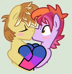 Size: 590x606 | Tagged: safe, artist:box-of-ideas, artist:jadethepegasus, derpibooru import, feather bangs, oc, oc:heart throb (ice1517), earth pony, pony, base used, bisexual pride flag, blushing, canon x oc, clothes, eyes closed, freckles, gay, gray background, hug, image, kissing, male, multicolored hair, png, pride, pride flag, raised hoof, simple background, socks, stallion, striped socks