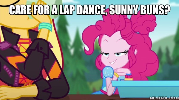 Size: 600x337 | Tagged: suggestive, derpibooru import, edit, edited screencap, editor:applejackfan204, screencap, pinkie pie, sunset shimmer, equestria girls, equestria girls series, wake up!, spoiler:eqg series (season 2), caption, image, image macro, jpeg, text