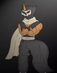 Size: 1024x1326 | Tagged: safe, artist:gh0stzr01, derpibooru import, oc, unofficial characters only, anthro, unicorn, biceps, black background, cape, clothes, crossed arms, digital art, horn, image, jpeg, looking at you, male, mask, mortal kombat, muscles, pants, shirt, simple background, solo, tail