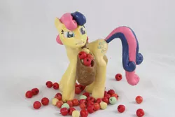 Size: 1280x854 | Tagged: safe, artist:azgchip, derpibooru import, bon bon, sweetie drops, earth pony, pony, apple, bag, craft, disgusted, female, food, i didn't put those in my bag, image, jpeg, mare, meme, photo, saddle bag, sculpture, standing, upset, wax