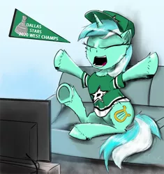 Size: 1500x1594 | Tagged: safe, artist:chopsticks, derpibooru import, lyra heartstrings, pony, unicorn, baseball cap, cap, cheek fluff, cheering, chest fluff, clothes, couch, dallas stars, female, hat, hockey, ice hockey, image, mare, nhl, open mouth, png, shirt, sitting, solo, sports, television, unshorn fetlocks
