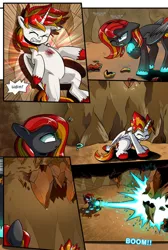 Size: 732x1091 | Tagged: semi-grimdark, artist:candyclumsy, derpibooru import, oc, unofficial characters only, alicorn, pegasus, pony, vampire, comic:adapting to night, comic:adapting to night: the bane of firefangs, alicorn oc, blood, comic, energy blast, horn, image, jpeg, wings
