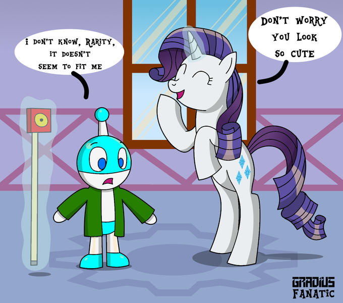 Size: 1514x1336 | Tagged: safe, artist:gradiusfanatic, derpibooru import, rarity, oc, oc:bx-8, robot, unicorn, aura, female, image, male, measuring tape, png