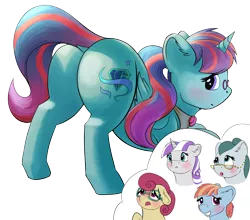 Size: 2688x2363 | Tagged: safe, artist:shaliwolf, author:bigonionbean, derpibooru import, cloudy quartz, posey shy, twilight velvet, windy whistles, oc, oc:earthing elements, alicorn, earth pony, pegasus, pony, unicorn, alicorn oc, blushing, bow, butt, clothes, collar, commissioner:bigonionbean, cutie mark, embarrassed, extra thicc, female, flank, fusion, fusion:earthing elements, glassed, grandparents, hair bow, horn, image, mare, plot, png, ponytail, shocked, shy, spankable plot, thicc ass, thought bubble, wings
