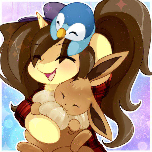 Size: 1000x1000 | Tagged: safe, artist:loyaldis, derpibooru import, oc, oc:astral flare, eevee, piplup, pony, unicorn, best friends, best partners, blushing, cute, daaaaaaaaaaaw, eyes closed, flannel, happy, hug, image, png, pokémon, pokémon trainer, ponytail, smiling