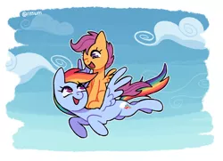 Size: 1280x929 | Tagged: safe, artist:risswm, derpibooru import, rainbow dash, scootaloo, pegasus, pony, cloud, cute, duo, female, filly, flying, image, mare, open mouth, png, ponies riding ponies, riding, scootaloo riding rainbow dash, scootalove, sibling bonding, sky, smiling, spread wings, wings