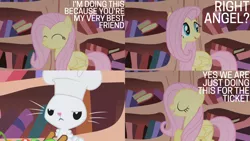 Size: 2000x1125 | Tagged: safe, derpibooru import, edit, edited screencap, editor:quoterific, screencap, angel bunny, fluttershy, pegasus, pony, rabbit, the ticket master, angel bunny is not amused, animal, chef, chef's hat, crossed arms, eyes closed, female, golden oaks library, hat, image, library, male, open mouth, png, unamused
