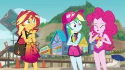 Size: 960x540 | Tagged: suggestive, artist:thedarkpony, derpibooru import, edit, edited screencap, screencap, pinkie pie, rainbow dash, sunset shimmer, human, equestria girls, equestria girls series, forgotten friendship, clothes, eyes closed, fart, fart noise, female, fetish, hat, image, implied messing, implied pooping, implied scat, onomatopoeia, open mouth, panties, pantypoop, png, poop, scat, shart, sound effects, swimsuit, trio, trio female, underwear