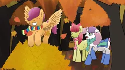 Size: 1280x720 | Tagged: safe, artist:schumette14, derpibooru import, apple bloom, scootaloo, sweetie belle, earth pony, pegasus, pony, unicorn, autumn, autumn leaves, clothes, cutie mark crusaders, falling leaves, female, filly, flying, forest, image, jpeg, leaf, leaf pile, leaves, scarf, scootaloo can fly, tree