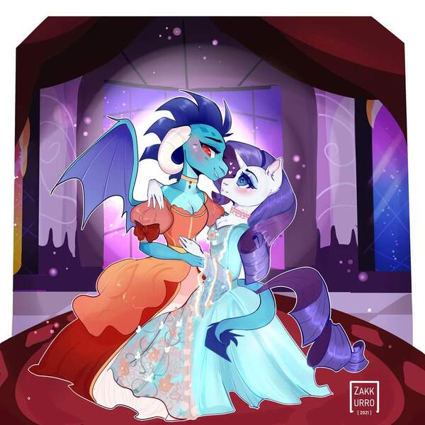 Size: 1080x1080 | Tagged: safe, artist:zakkurro, derpibooru import, princess ember, rarity, anthro, clothes, dress, emberity, female, image, jpeg, lesbian, shipping