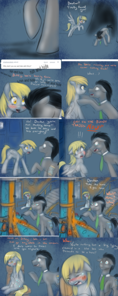 Size: 1502x3758 | Tagged: semi-grimdark, artist:jitterbugjive, derpibooru import, derpy hooves, doctor whooves, time turner, earth pony, pegasus, pony, ask discorded whooves, abuse, angry, ask, bruised, cave, comic, crying, derpy hooves is not amused, derpybuse, discord whooves, discorded, doctor who, doctor whooves is not amused, duo, female, flashback, image, implied discord, male, mare, necktie, png, stallion, tardis, tardis console room, tardis control room, the doctor, this ended in pain, this ended in tears, tumblr, tumblr comic, violence, vulgar