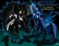 Size: 1280x1011 | Tagged: safe, artist:catmonkshiro, derpibooru import, oc, unofficial characters only, changeling, original species, rubber pony, blue changeling, changeling oc, clothes, dialogue, digital art, duo, furry, furry oc, glowing horn, horn, image, implied princess luna, jpeg, lab coat, magic, magic aura, offscreen character, rubber, tail, text, transformation, wings