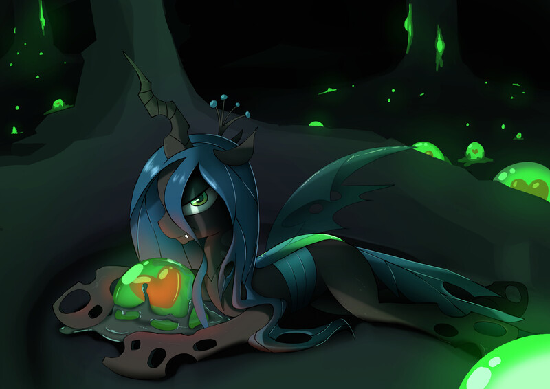 Size: 3100x2192 | Tagged: safe, artist:moons-of-mars, derpibooru import, queen chrysalis, changeling, changeling queen, changeling egg, changeling hive, egg, female, glow, image, jpeg, lying down, prone