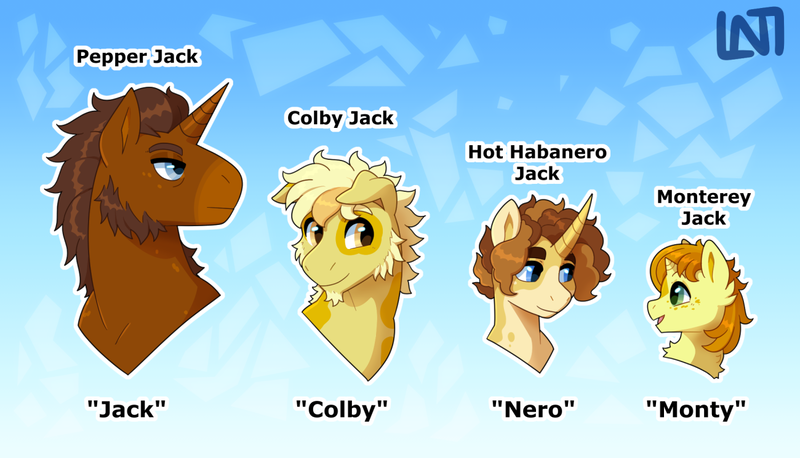 Size: 1300x745 | Tagged: safe, artist:lastnight-light, derpibooru import, oc, oc:colby jack, oc:hot habanero jack, oc:monterey jack, oc:pepper jack, unofficial characters only, earth pony, pony, unicorn, colt, image, male, png, stallion