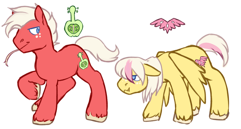 Size: 1280x687 | Tagged: safe, artist:pomrawr, derpibooru import, oc, oc:angel speed, oc:sooth's song, unofficial characters only, earth pony, pegasus, pony, brothers, duo, floppy ears, freckles, image, male, no pupils, offspring, parent:big macintosh, parent:fluttershy, parents:fluttermac, png, raised hoof, siblings, simple background, straw in mouth, unshorn fetlocks, wavy mouth, white background