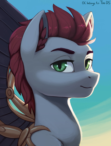 Size: 2272x3000 | Tagged: safe, artist:mrscroup, derpibooru import, oc, oc:tan-dreamstiller, unofficial characters only, pegasus, pony, artificial wings, augmented, bust, image, jpeg, male, pegasus oc, slit eyes, solo, stallion, wings