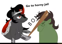 Size: 1782x1278 | Tagged: safe, artist:necrofeline, derpibooru import, king sombra, oc, oc:mitzi, earth pony, pony, unicorn, bonk, cheems, female, horny jail, image, mare, meme, meme parody, png