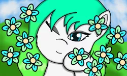 Size: 833x495 | Tagged: safe, artist:solarheclipse, derpibooru import, oc, unofficial characters only, bliss xp, blue eyes, bust, female, flower, image, png, solo, white skin, windows xp background