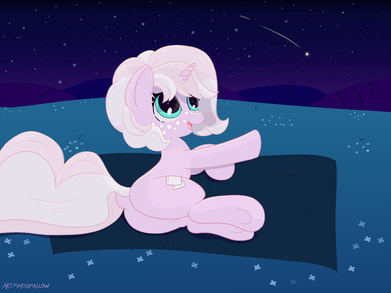 Size: 4000x3000 | Tagged: safe, artist:marshmallowfluff, derpibooru import, oc, oc:marshmallow fluff, unofficial characters only, pony, unicorn, dock, explicit source, female, freckles, image, png, shooting star, solo