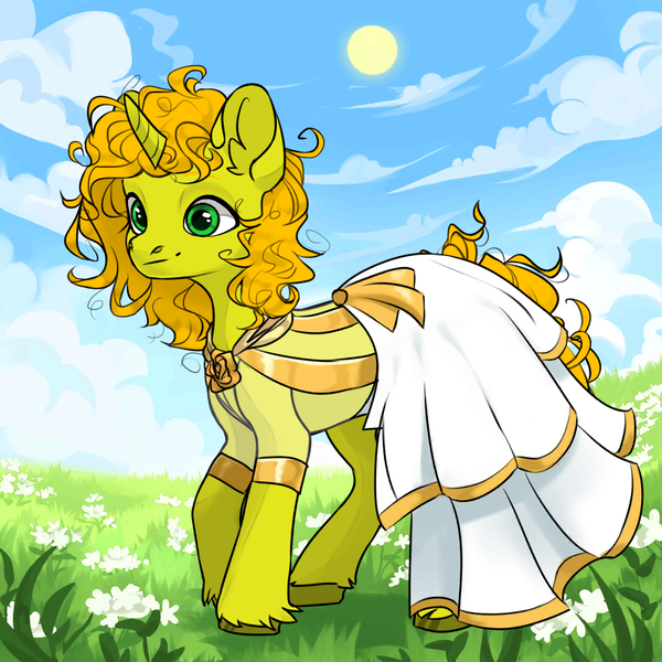 Size: 1024x1024 | Tagged: safe, derpibooru import, oc, unicorn, avatar maker factory, clothes, dress, image, meadow, png, scenery, tangelina